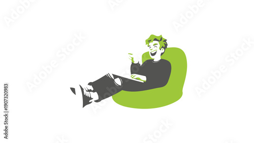 Relaxed Man Sitting on Green Beanbag Chair Reading