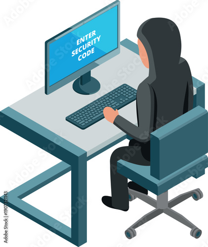 Computer protected with security code. Cyber safety isometric icon