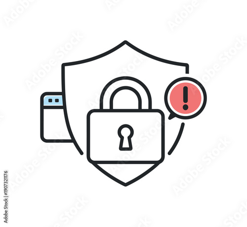 Cybersecurity awareness and data protection in everyday digital work where users stay vigilant, a simple shield paired with a lock and a small alert dot