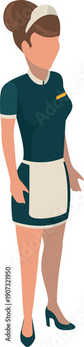 Maid character. Isometric woman in cleaning service uniform