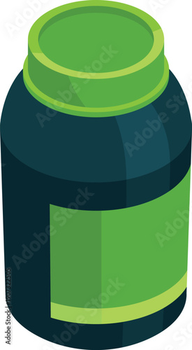 Isometric drug jar icon. Cartoon pharmacy bottle