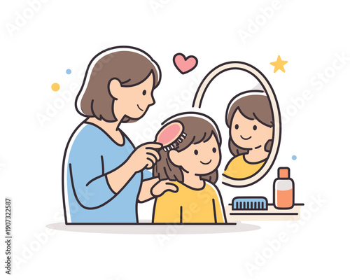 Everyday family care shown through gentle routine at home during daily preparation, an adult brushing a childs hair near a simple mirror representing attention