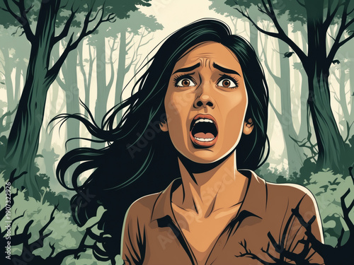 Terrified young woman screaming in panic and fear in a dark, stylized forest setting. Cartoon illustration capturing intense emotion and horror themes, ideal for dramatic backdrops or covers.