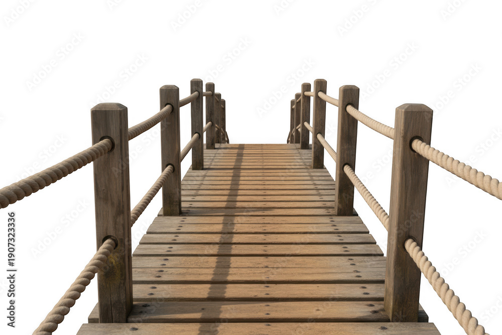 Fototapeta premium Wooden rope bridge walkway extending forward with weathered posts and planks, isolated on transparent background
