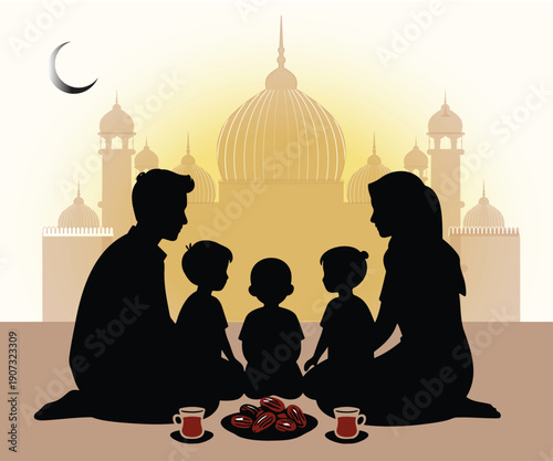 Muslim family breaking fast at iftar, Ramadan kareem silhouette