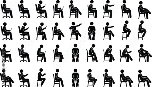 Set of black stick figure icons showing people sitting in office chairs working on laptops and using mobile phones isolated (20 words)