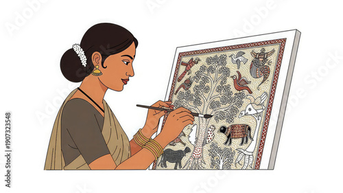 Indian woman artist painting traditional art with brush