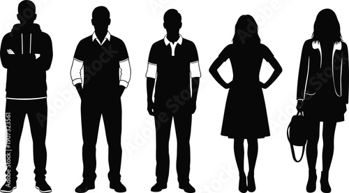 Black silhouettes of diverse people in casual clothing standing in a row including a woman with a bag white background (20 words)