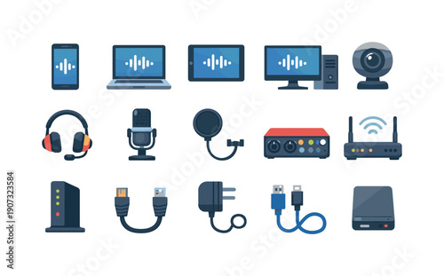 Digital voice platforms flat style: smartphone, laptop, tablet, desktop computer, webcam, headset, microphone, pop filter, audio interface, router, modem