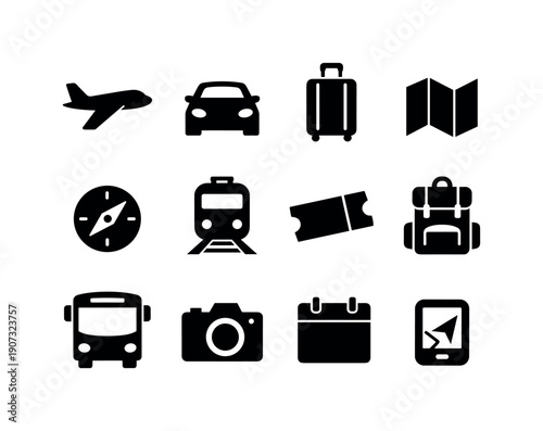 Travel and Mobility in silhouette style: airplane, car, suitcase, map, compass, train, ticket, backpack, bus, camera, calendar, GPS device
