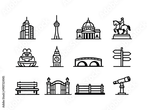 City sightseeing landmarks in linear style: skyscraper, observation tower, historic building, monument statue, city fountain, clock tower, bridge arch, street