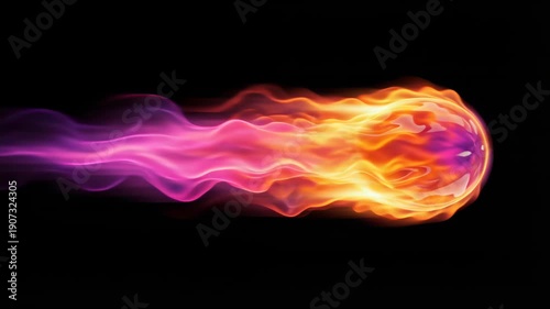 Fiery orb accelerating with trailing flames in motion blur sequence. Tracking shot animation of glowing fireball streaking rightward. Digital fire effect for visual media and animation projects.