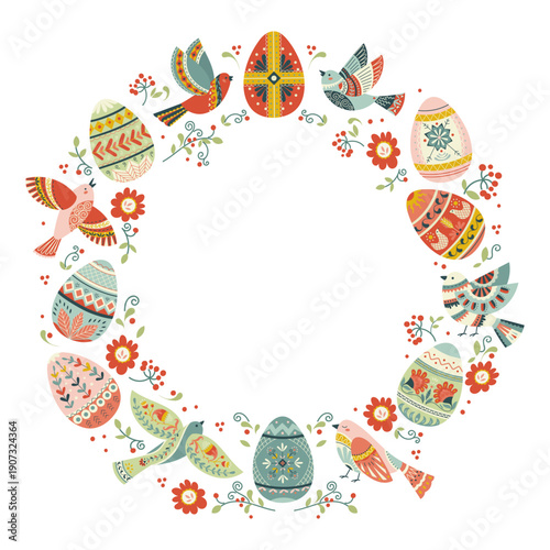 Decorative Easter wreath with folk birds, ornate eggs and floral elements. Hand-drawn illustration inspired by traditional spring motifs for elegant holiday cards, posters and seasonal decor Vector