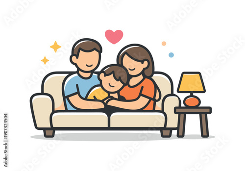 Quiet evening family time at home focused on rest and emotional closeness after a long day, a sofa with two adults sitting close and a child leaning against
