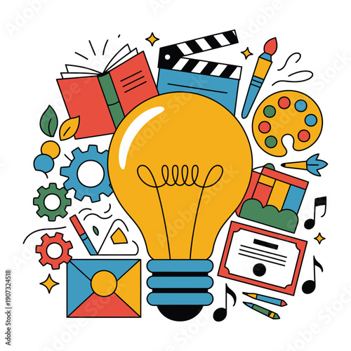 A colorful illustration of a lightbulb surrounded by creative symbols and objects representing inspiration and innovation.