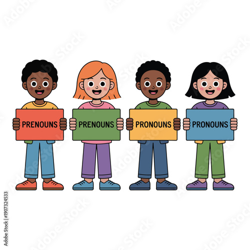 A diverse group of children holding signs that promote the use of correct pronouns and respect for individual identities.