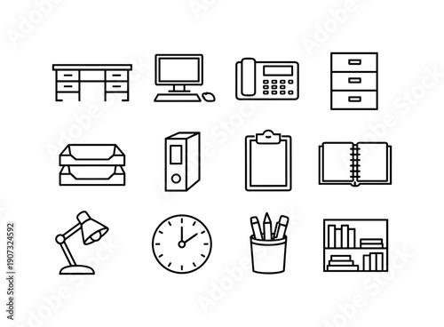 Retail ecosystem management workspace in linear style: office desk, desktop computer, desk phone, filing cabinet, document tray, binder, clipboard, notebook