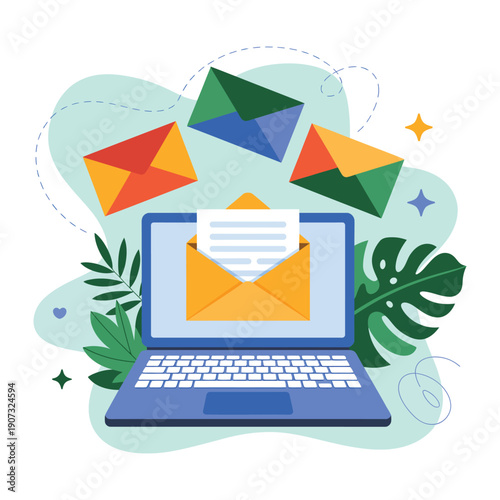 A colorful illustration of a laptop with an open email inbox surrounded by floating envelopes and lush green leaves.
