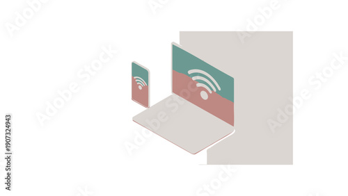 Laptop and Smartphone Displaying WiFi Signal on Screen in Minimalist Style