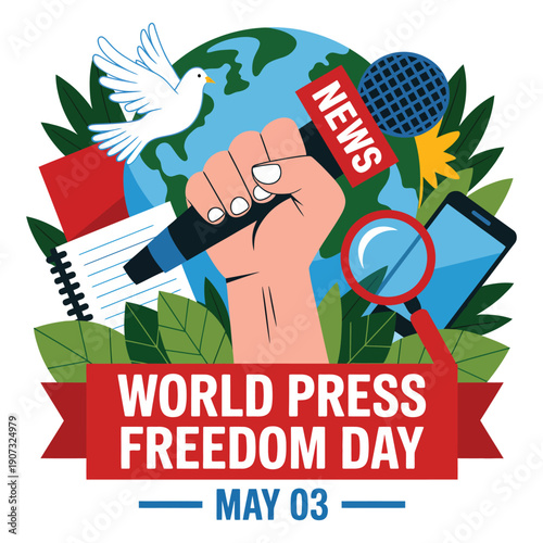 A graphic illustration celebrating World Press Freedom Day with a raised fist, dove, and media icons.