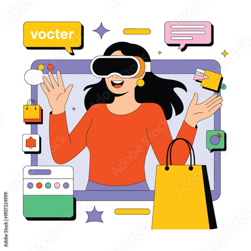 A woman wearing virtual reality goggles and interacting with various digital icons and shopping bags