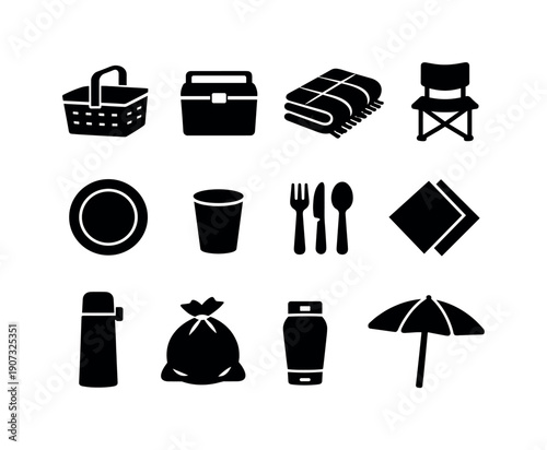 Outdoor picnic gear: picnic basket, cooler box, blanket, folding chair, paper plate, cup, cutlery set, napkin, thermos, trash bag, sunscreen bottle, sun