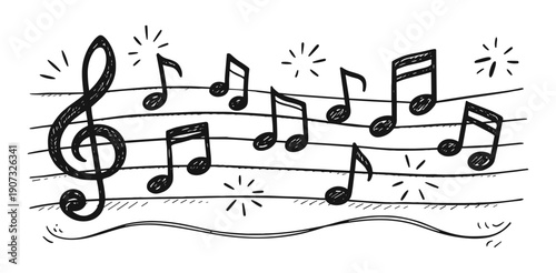 Hand drawn musical notes and treble clef on staff, doodle sketch line vector illustration of melody and sound, decorative music notation art on transparent background