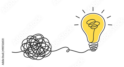 Tangled line transforming into light bulb idea concept continuous line vector illustration on transparent background