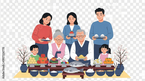 Happy family gathering around a table with food