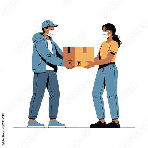 A delivery person handing a package to a customer while both wear face masks for safety