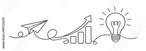 Business idea and innovation concept line illustration, paper plane growth arrow chart and lightbulb symbol, creative strategy and success outline vector icon on transparent background