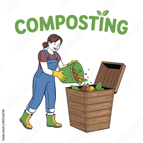 A woman in overalls is composting food waste in a wooden bin for sustainable gardening and eco-friendly living.