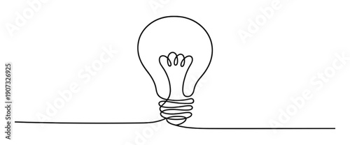 Minimalist continuous line drawing of light bulb, creative idea and innovation concept, modern single line vector illustration on transparent background