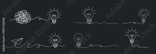 Continuous line light bulb idea concept set, hand drawn doodle vector illustration