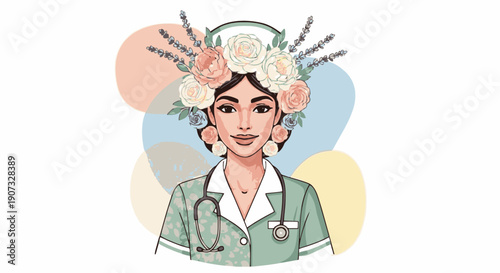 A floral nurse illustration isolated on white background.generative ai