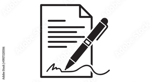 Black and white icon of a pen signing a document on paper