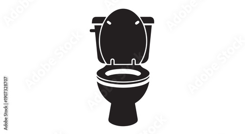 Black silhouette of a toilet with the lid up, bathroom plumbing symbol, toilet bowl icon.