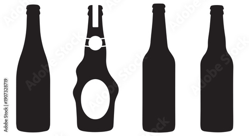 Four black silhouettes of beer bottles with different neck and cap styles on Transparent Background for design and branding use.