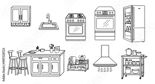 A collection of kitchen appliances and furniture line icons, including refrigerator, stove, oven, sink, and cabinets.