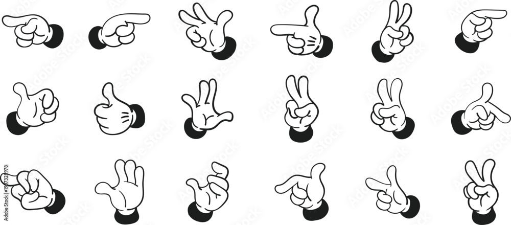 Fototapeta premium Different hand gestures, Collection of retro cartoon hands, Gesturing human arms in doodle style