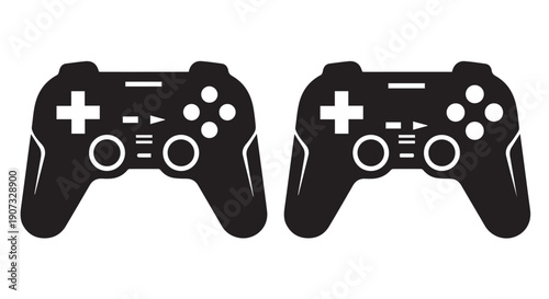 Two black video game controllers with white buttons on a Transparent Background for gaming or technology concepts