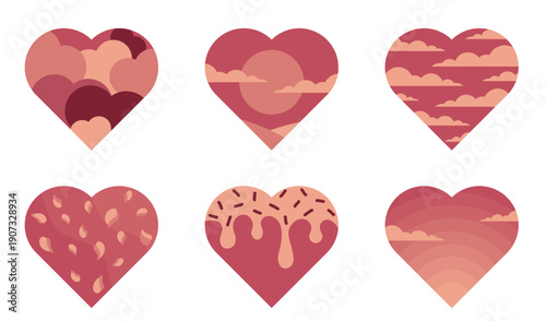 Six creative hearts with diverse patterns with clouds, sunset and sprinkles. Vector illustrations for Valentines design