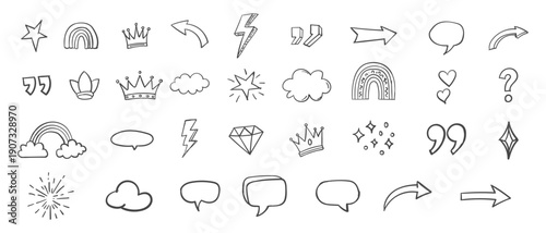 Hand drawn line brush heart vector set with doodle arrows, stars, clouds and cute handwritten sketch elements