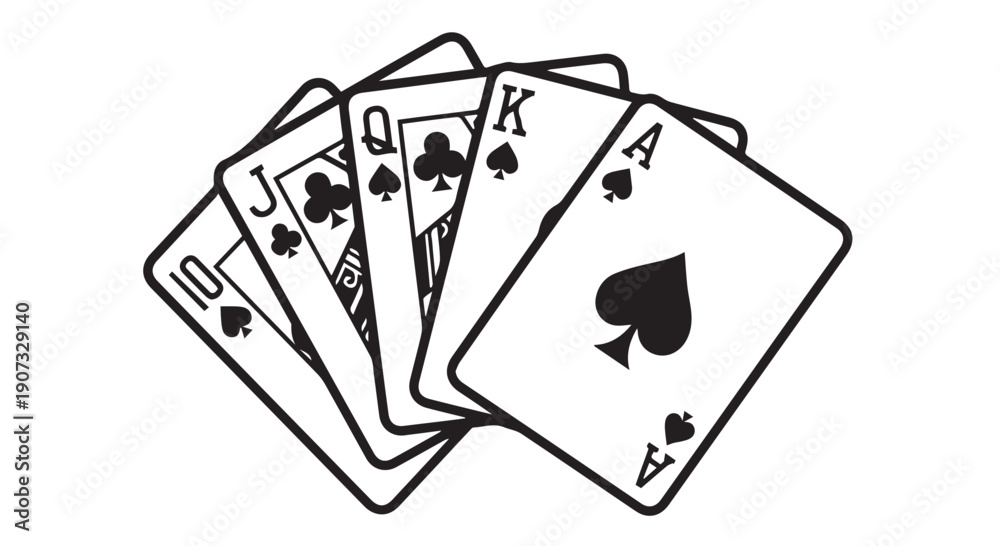 Obraz premium A fanned out illustration of playing cards showing the ace, king, queen, jack and ten.