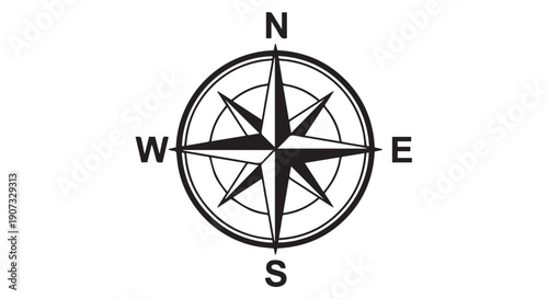 Black and white compass rose graphic with north, south, east, and west directions on a clean Transparent Background for navigation and orientation purposes.
