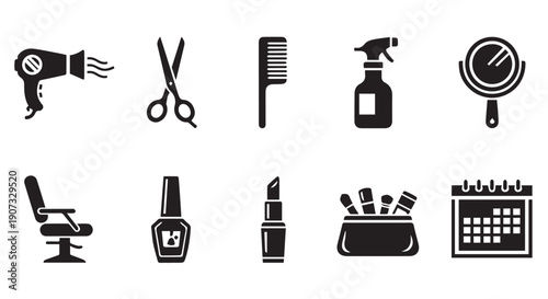 Black icons of various beauty and haircare tools and products on Transparent Background