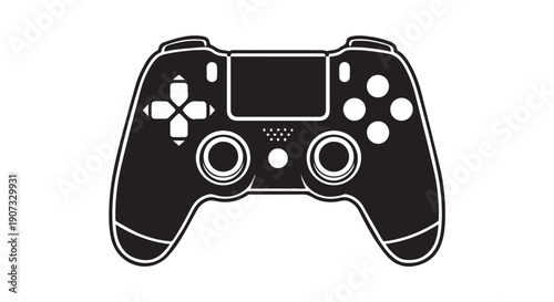 A black and white illustration of a video game controller with buttons and joysticks on a Transparent Background.