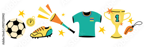 Soccer and football sports icon set on white background. Ball, cleat, vuvuzela, jersey, trophy and referee whistle illustrations.