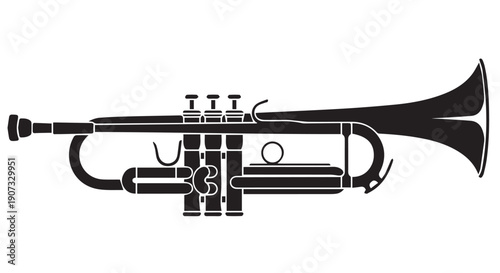 A black and white illustration of a trumpet, a brass musical instrument with valves.
