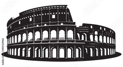 Illustration of the Colosseum in Rome, Italy, ancient Roman architecture and iconic landmark in black and white